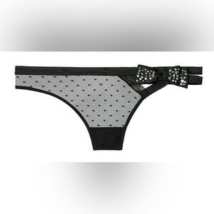 Victoria’s Secret satin mesh rhinestone bow double strap thong panty NWT